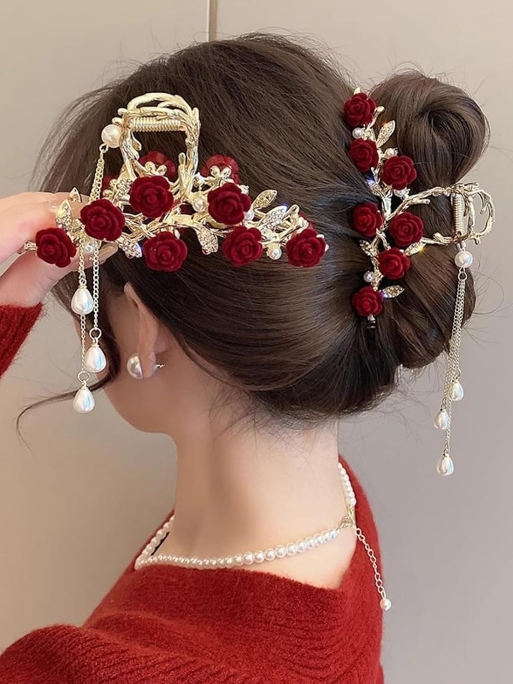 Large Gold Floral Rose & Pearl Crystal Hair Clip for Bridal Coquette Feminine